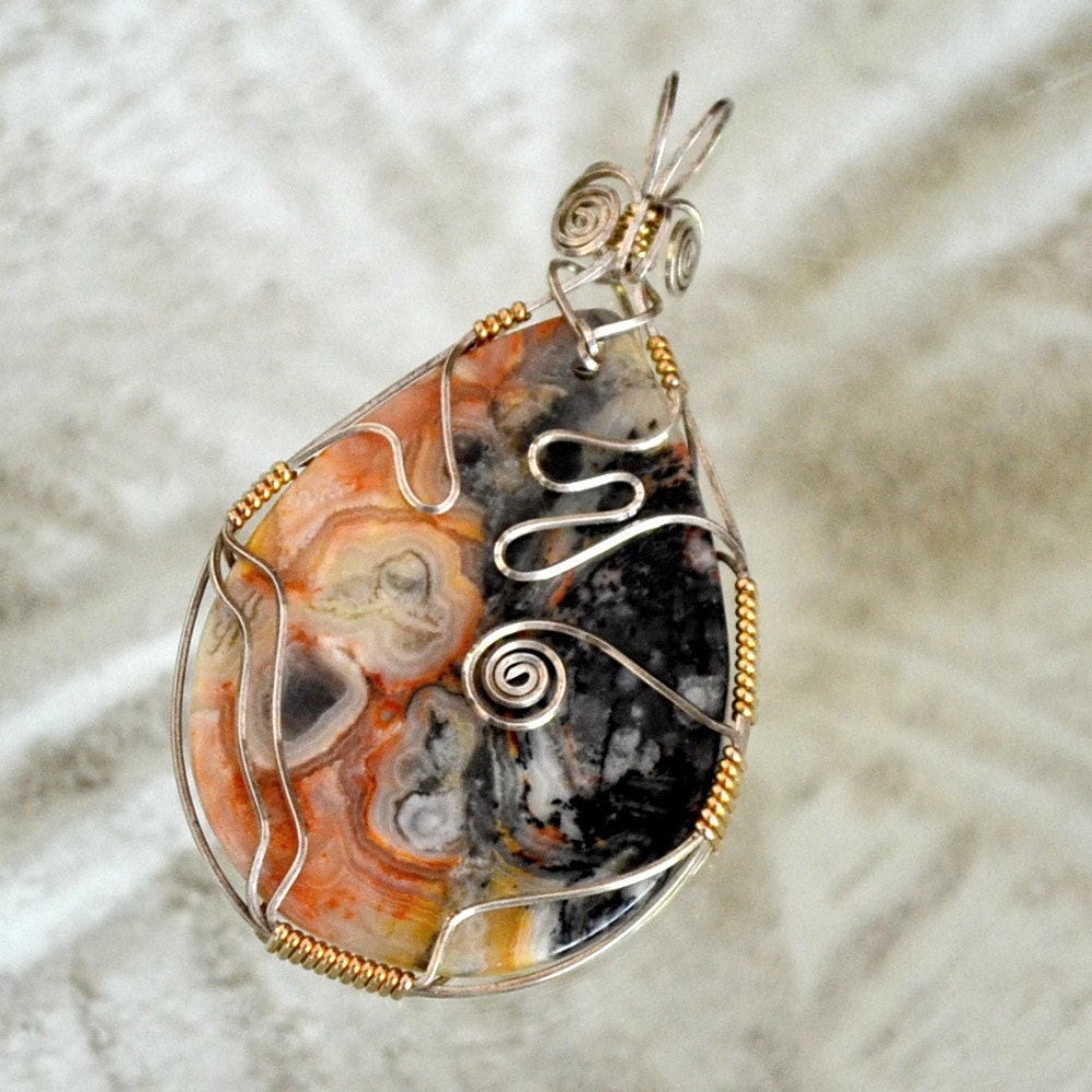 Crazy Lace Agate Wire Wrapped pendant. Sterling silver with 14K gold filled accents. OOAK