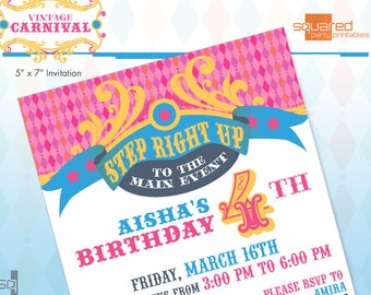 Vintage Carnival Circus Pink Printable Birthday Party Invitation - DIY Print