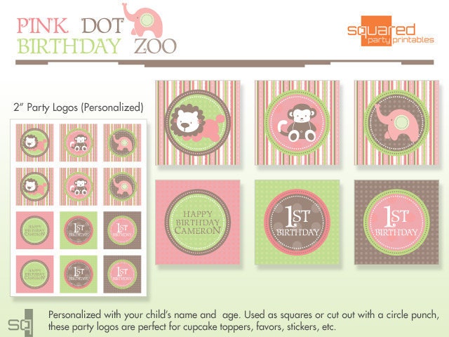 Pink Dot Birthday Zoo - Cupcake Toppers - Favor Tags - Birthday Party Logo Package - DIY Print Il_570xn