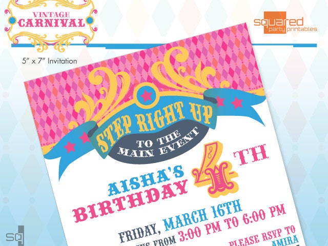 Vintage Carnival Circus Pink Printable Birthday Party Invitation - DIY Print Il_570xn