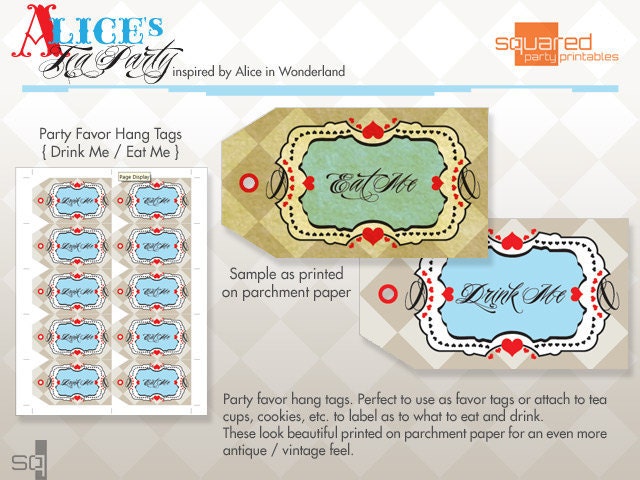 Alice in Wonderland Vintage Tea Party Printables - Favor Hang Tag Birthday Package - DIY Print - Alice's Tea Party