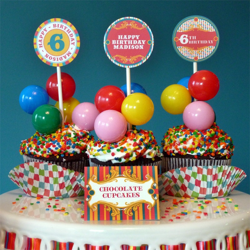Vintage Carnival Circus Cupcake Toppers - Printable Birthday Party Circles & Logo Package - Pink, Aqua - DIY Print