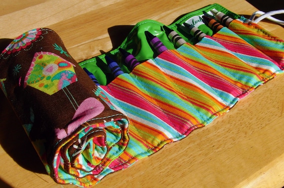 Crayon Roll - Girl - Turquoise,Brown,Pink - 24 Crayons - Crayon Holder