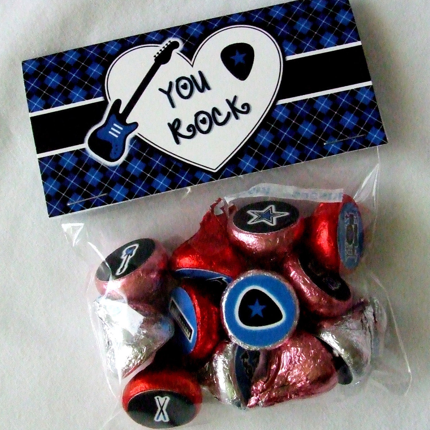INSTANT DOWNLOAD - Printable Valentine Treat Bag Toppers & Hershey's Stickers Set - You Rock - Rock Star - Blue Only Il_570xn