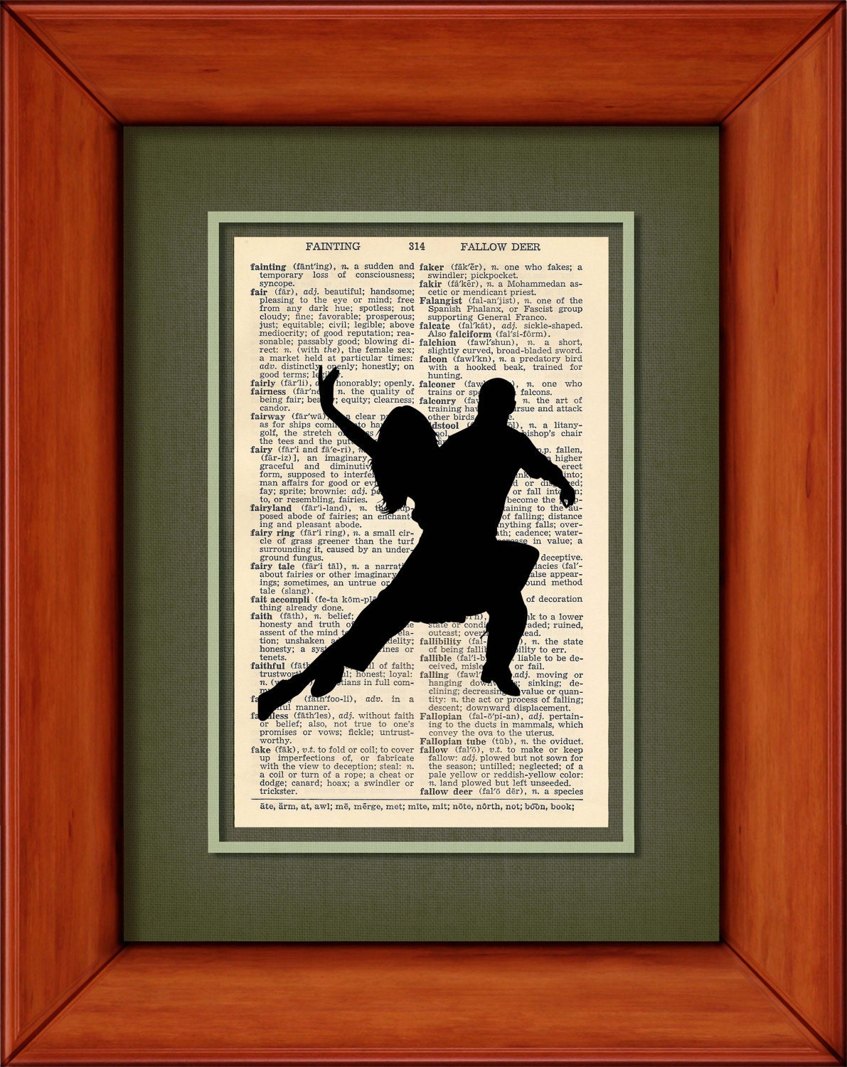 Dictionary Art Print - Dancing Couple Silhouette - 6 3/4" x 9 3/4" - Art Print on Upcycled Dictionary Page