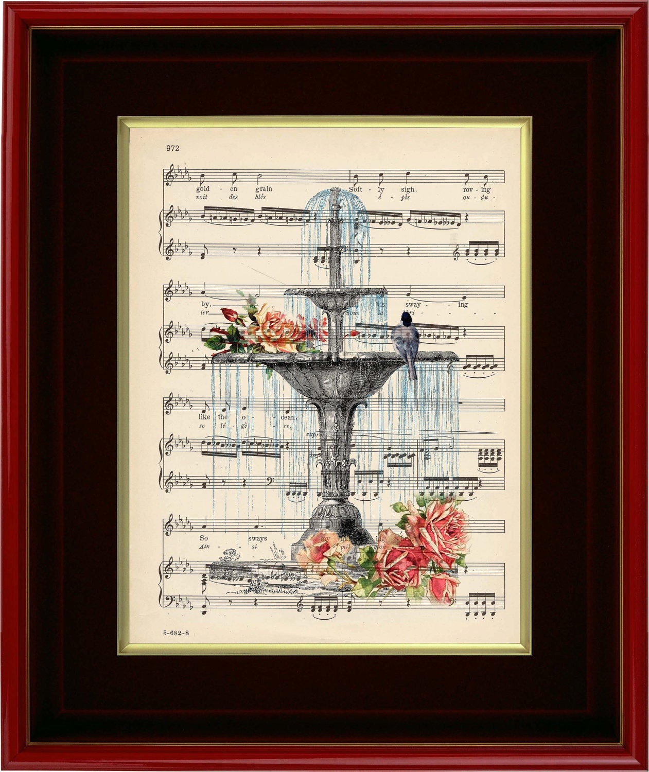 Art Print - Fountain With Roses - 8 1/2" x 11" Music Page - Art Print on Upcycled Music Page