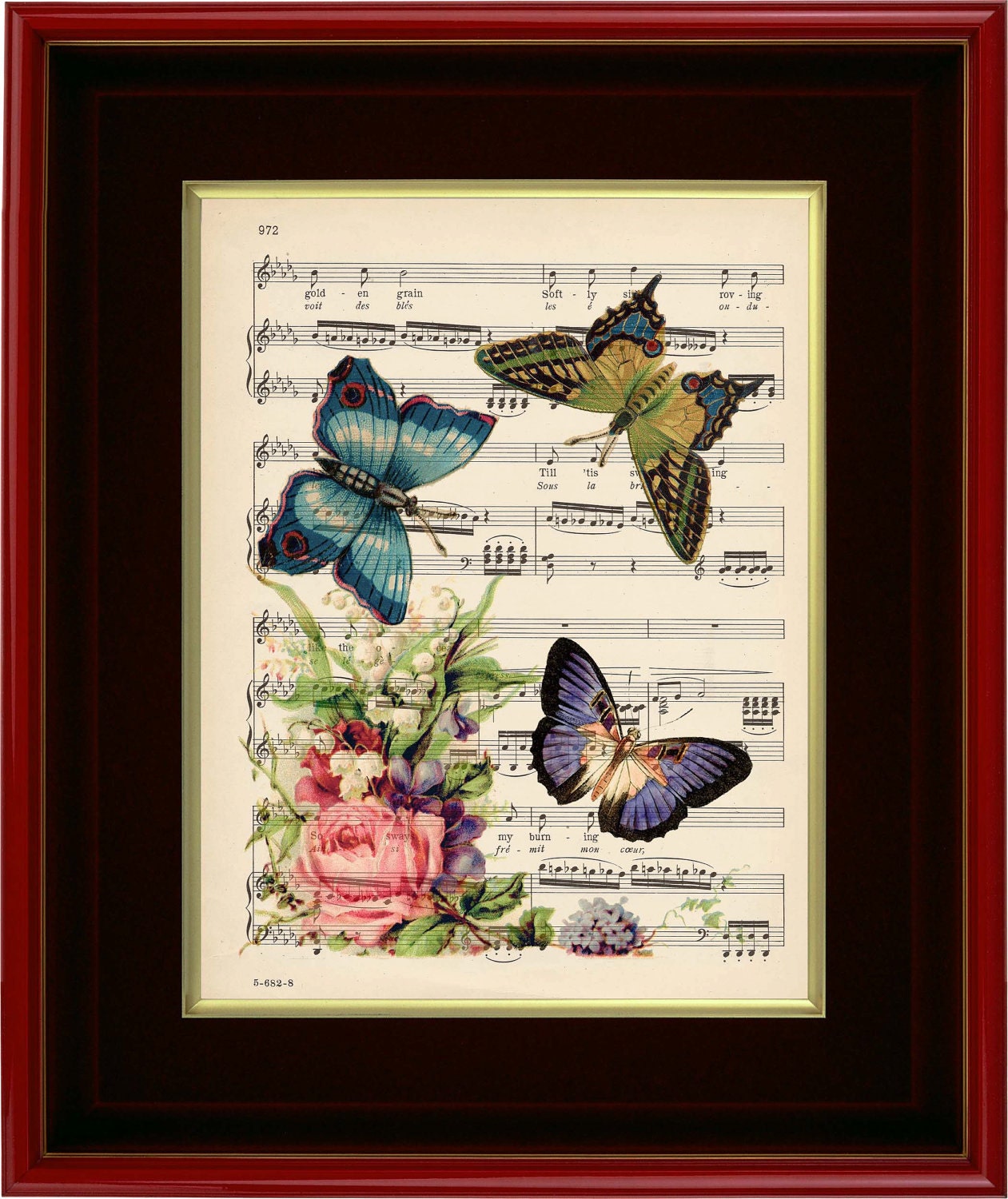 Floral And Butterflies - Art Print on 1920's Music Page - 8 1/2" x11"