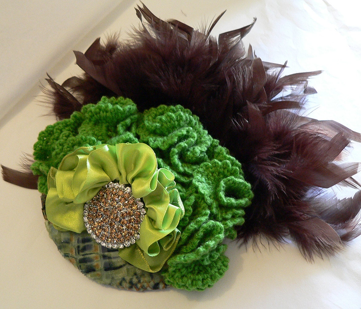 Green Fascinator Feather Fascinator Brown Fascinator Slidecomb  Rhinestone