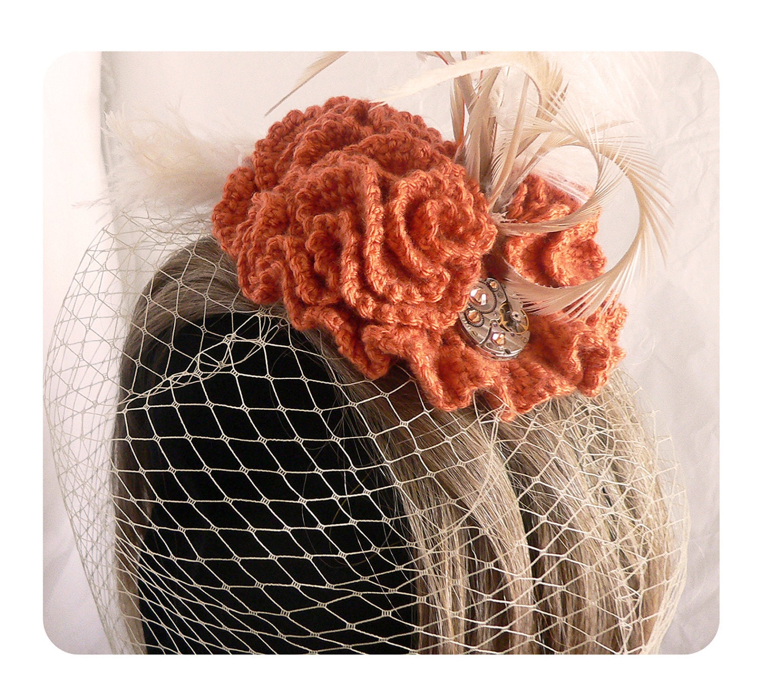 Steampunk fascinator Orange fascinator steampunk watch birdcage veil fascinator Orange feather fascinator