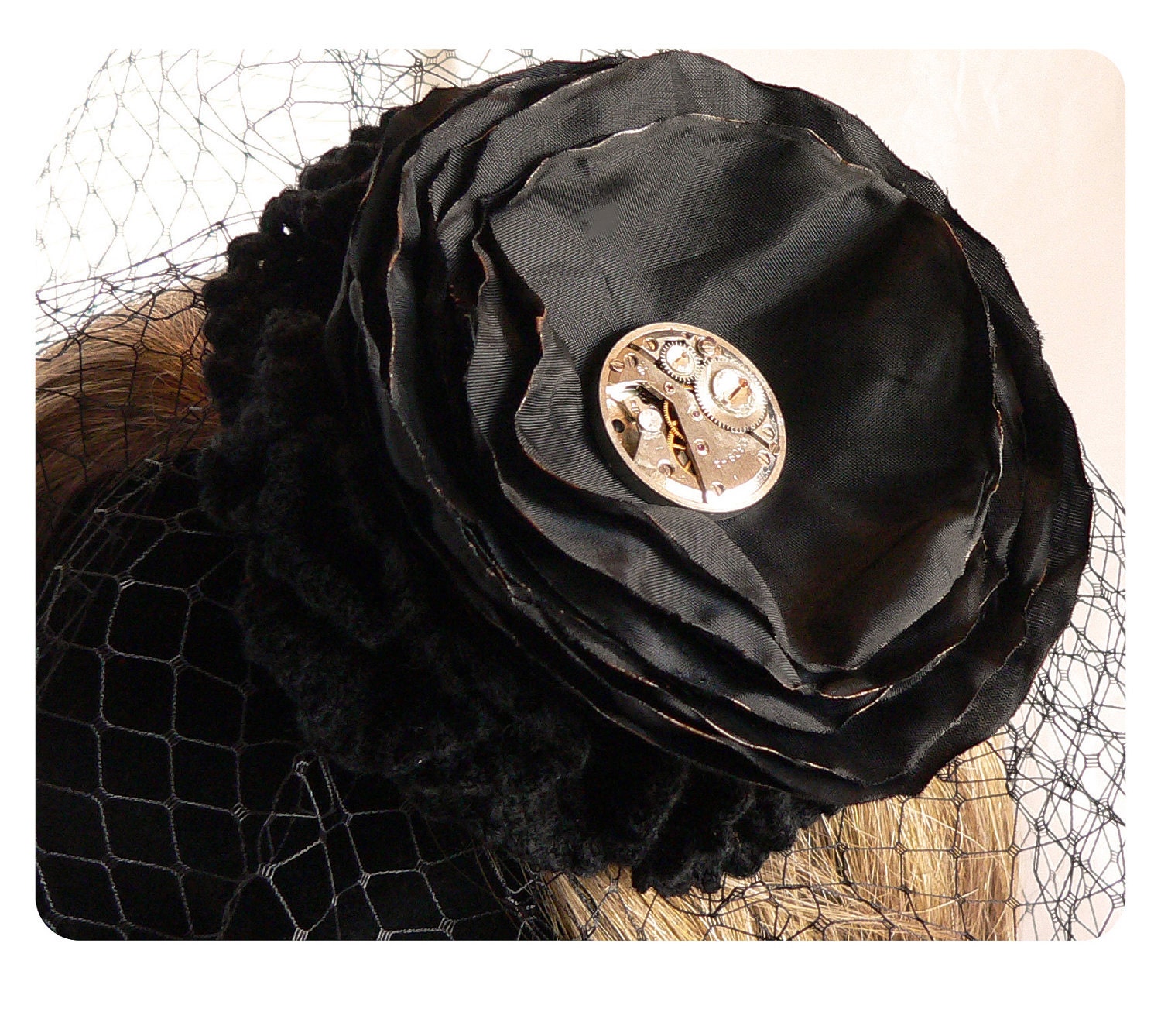 Black Birdcage Veil Fascinator Black Birdcage Russian Veil Steampunk Fascinator Black Crochet Flower watchmovement