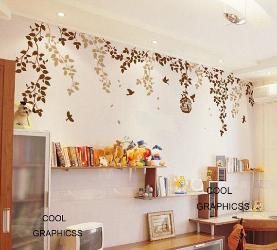 Spring Branches and Bird Cage( one color ) -Vinyl Wall Decal Sticker Art,Wall Hanging, Mural