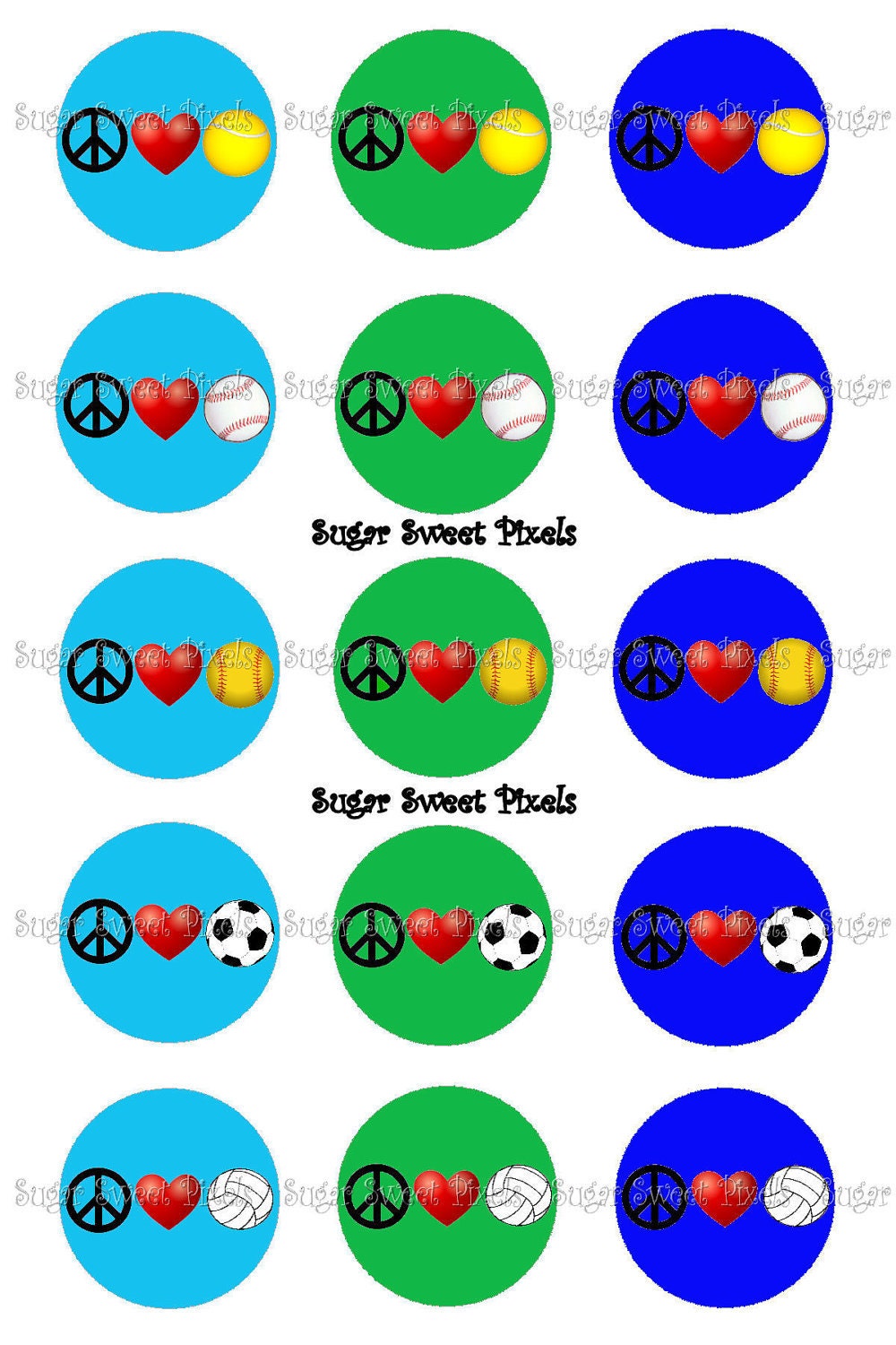 INSTANT DOWNLOAD Bright Peace Love Sports Ball 1 inch Circle Bottlecap Images 4x6 sheet