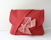 Red Cotton Fabric Messenger  Bag  Red and White Gingham  Bow Adjustable strap