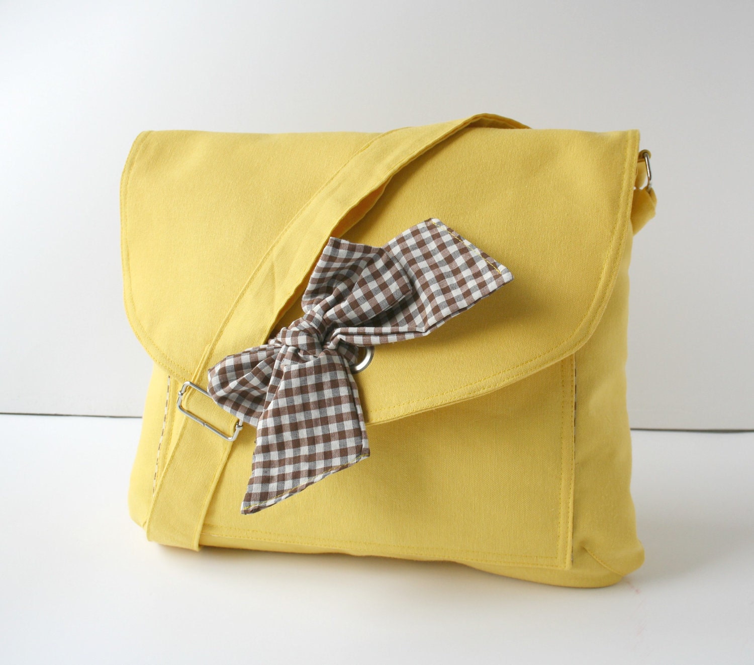 Yellow Messenger  Bag  Brown and White Checked  Bow Adjustable strap