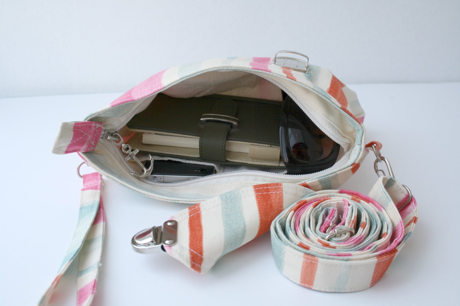 Colorful Striped Midi Messenger  Bag  Wirstlet and  shoulder Adjustable strap Zipper Closure