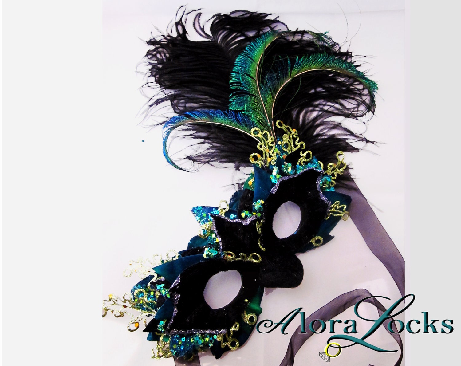 Elegant Peacock Teal & Green Masquerade Mask with by AloraLocks