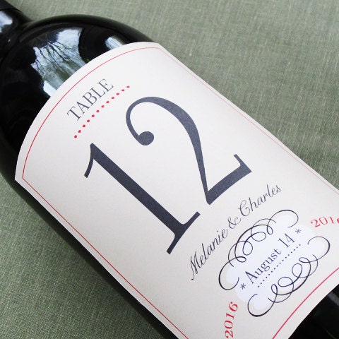 Wedding Table Number Wine Label with whimsical by nancynikkodesign