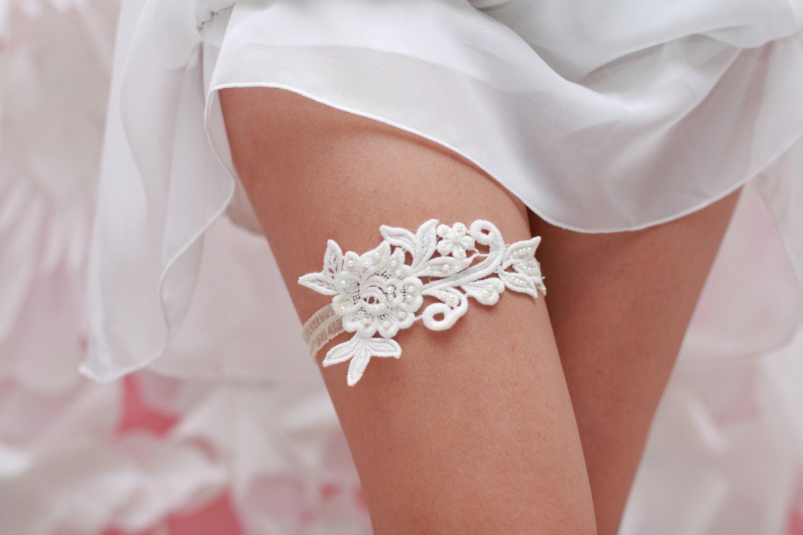 Wedding Garter Ivory Cotton Lace  with pearls and glass beads