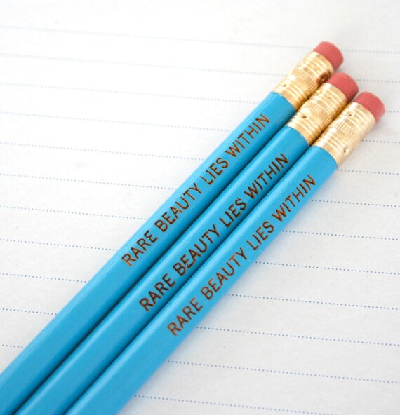 rare beauty lies within. pencil set of three blue pencils. back to school supplies