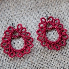 Maroon Tatted Paisley Design Earrings - Deep Red and Copper - Huang