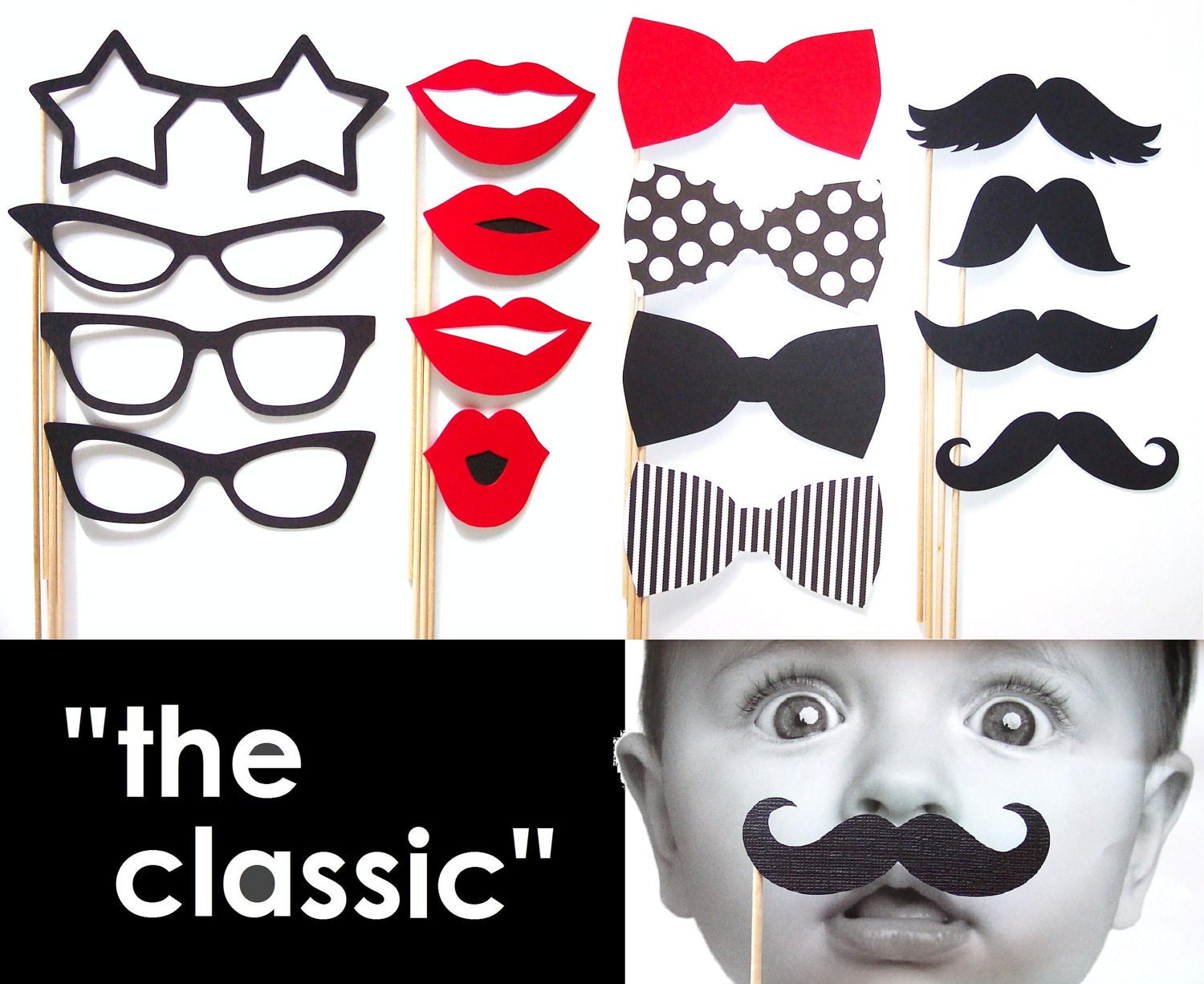 Photo Booth Props - Set of 16 - "The Classic" Black and Red