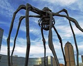 Spider sculpture photography print - 8x10 giant black spider photo, skyline, blue sky and clouds