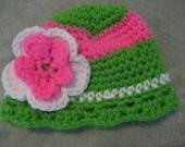 Crochet Baby Girl Hat Made Ready to Ship Pink green and White Trim