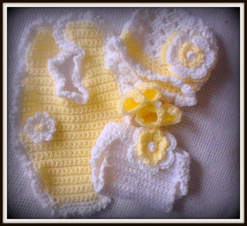 Special Order  For Elena Ramon Newborn Baby Crochet Dress Bib Booties Hat and Diaper Cover Set