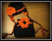 Crochet Diaper Cover And Earflap Har Set For the Fall Bright Orange and Black
