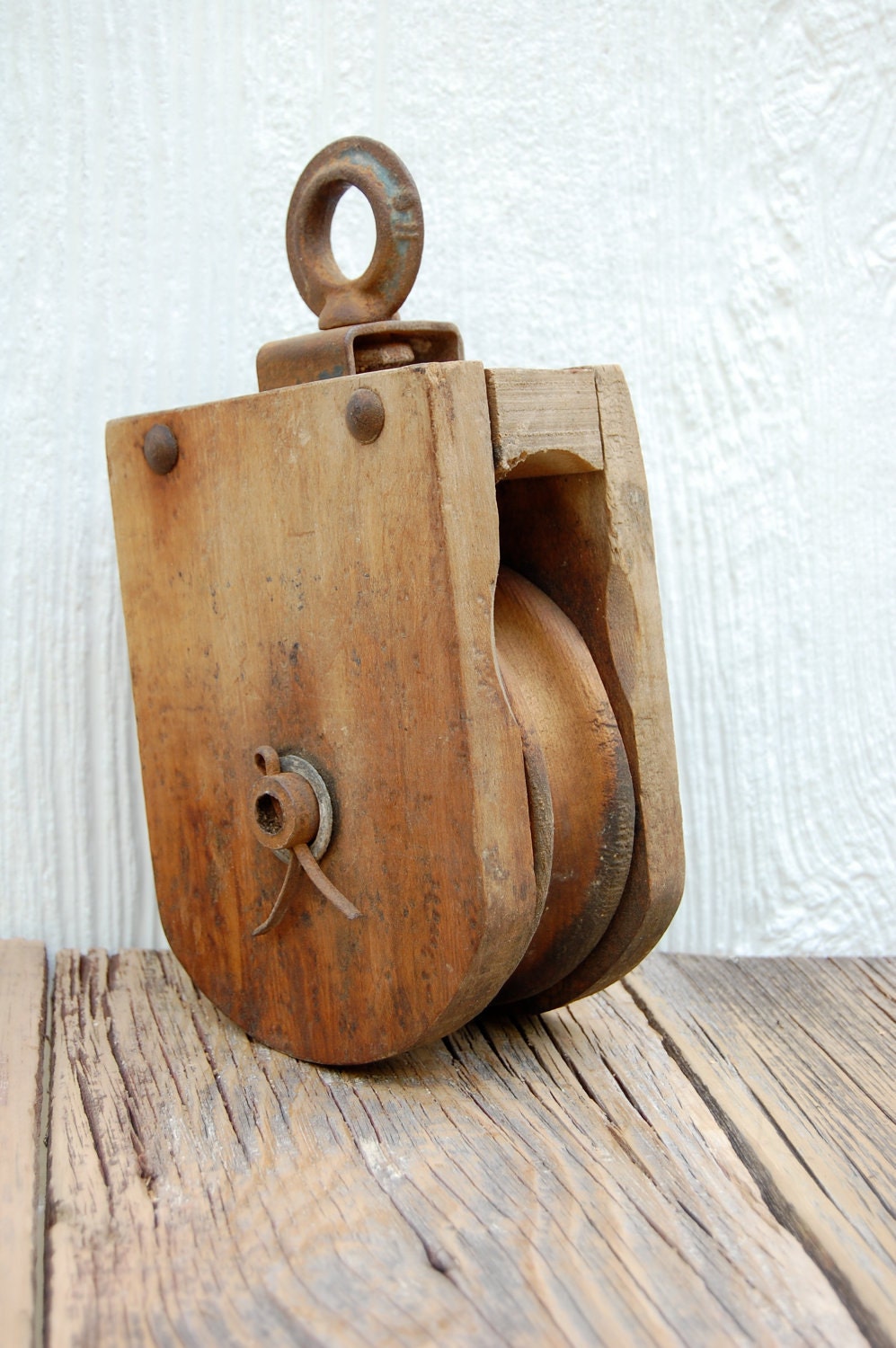 Antique Wood Industrial Barn Pulley by sugarSCOUT on Etsy