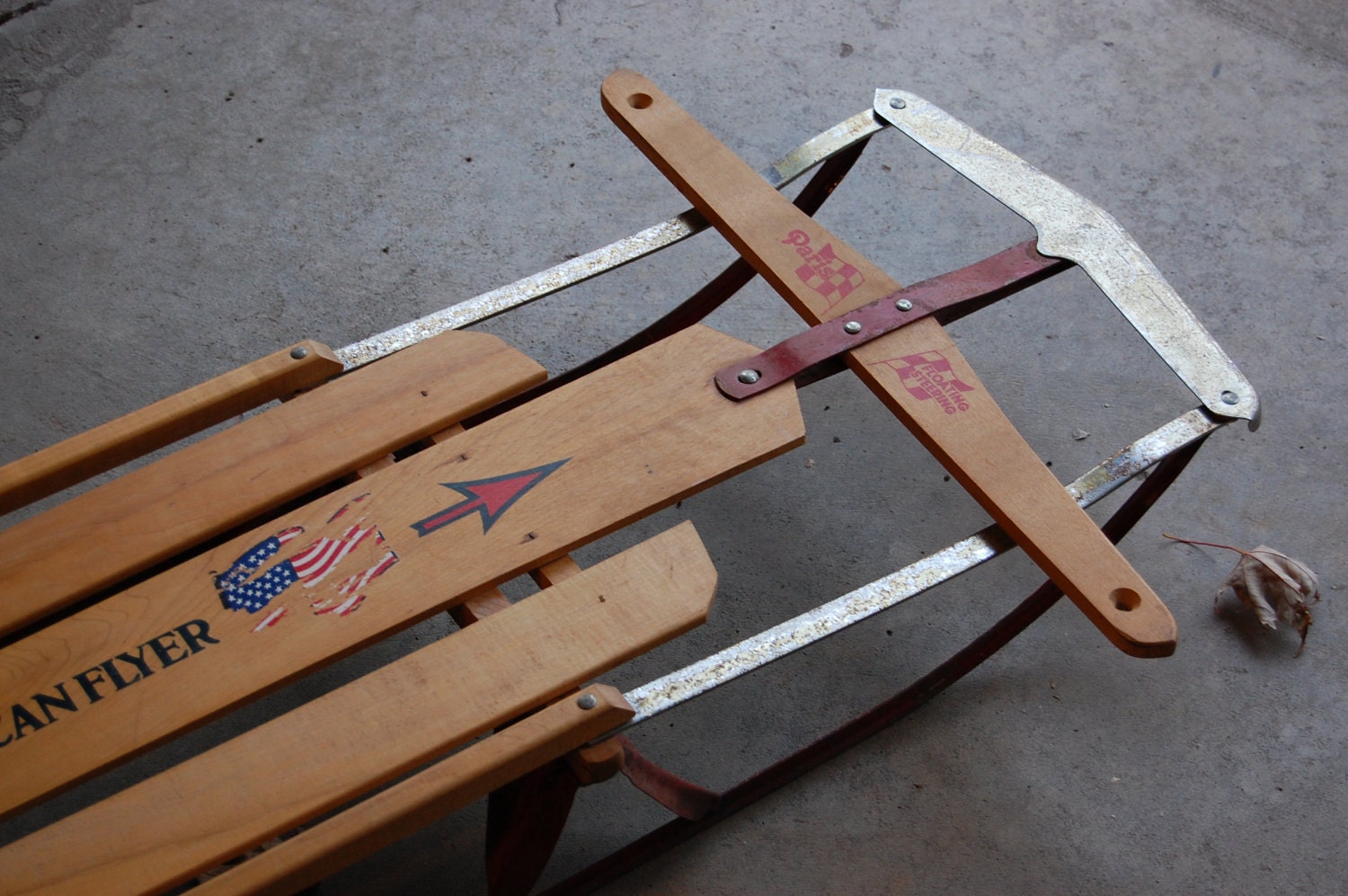 Vintage Wood Slat Paris American Steel Rail Steerable Snow Sled