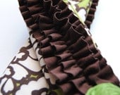 Camera Strap Cover- Colorful Brown and Green Floral with Brown Double Ruffle and Rosette Pin and Lens Cap Pocket