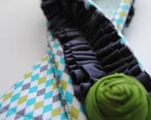 DSLR Camera Strap Cover- Colorful Aqua and Green Tiny Diamonds with Grey Double Ruffle and Rosette Pin and Lens Cap Pocket