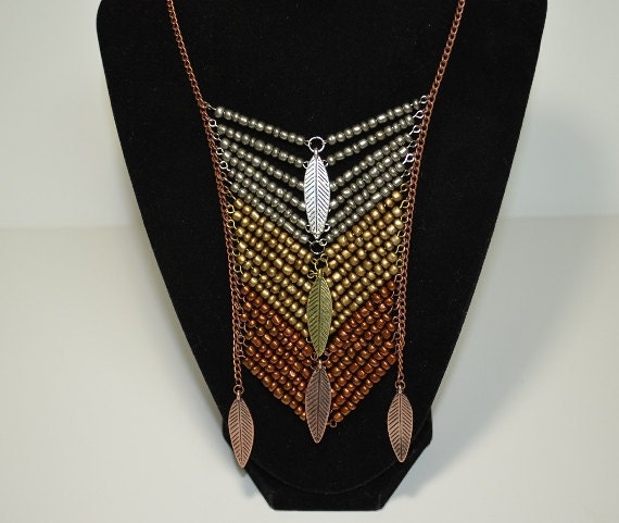 Tribal Inspired Pewter Brass and Copper Color Beaded Necklace