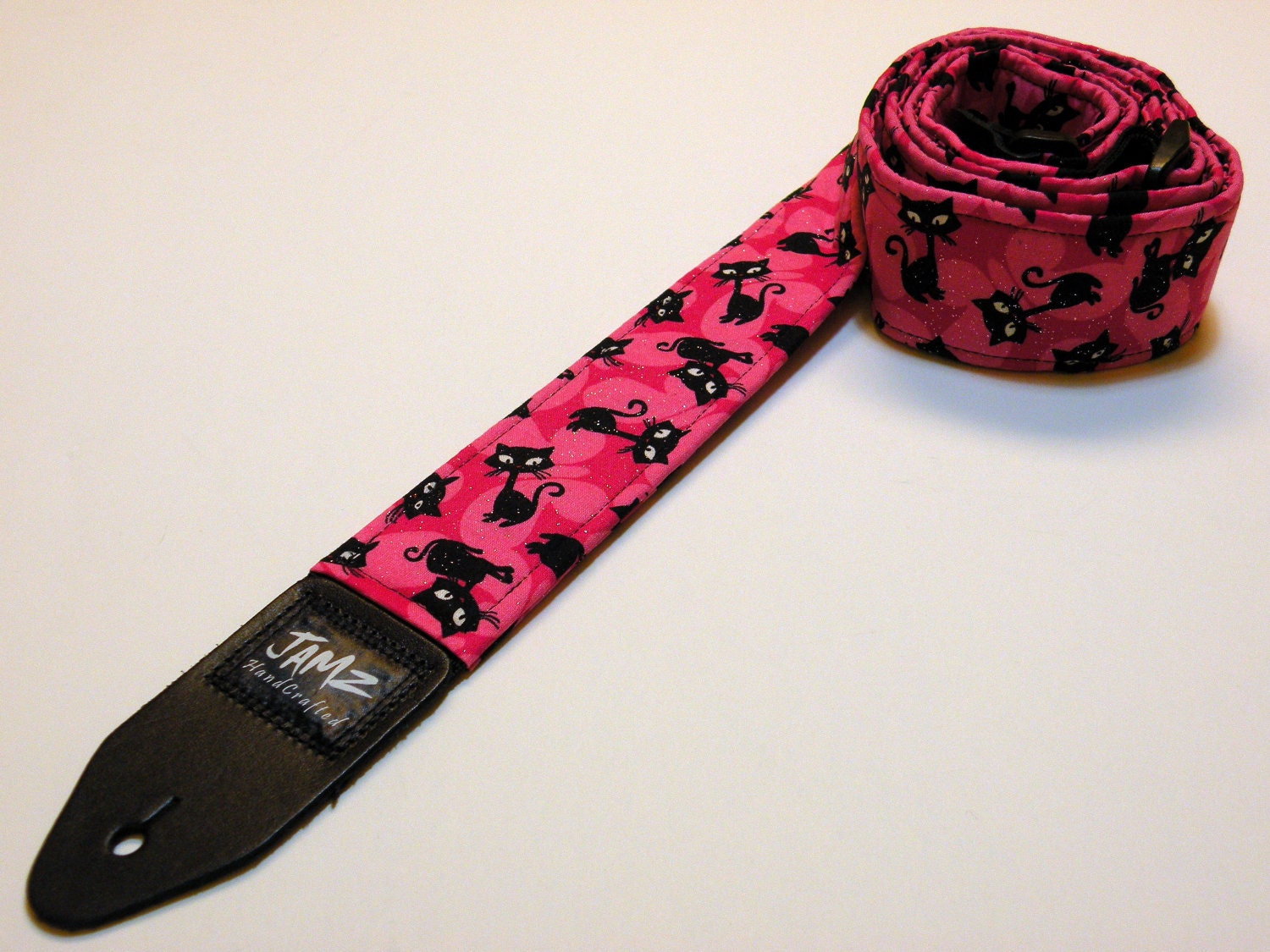 Pink Handmade Guitar Strap - Mothers Day - THE CAT'S MEOW - Black Cats - Felines