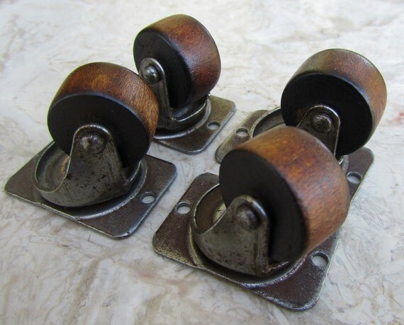 Casters Vintage Wood Wheels Metal Plate Mounted by SaleOfEstates