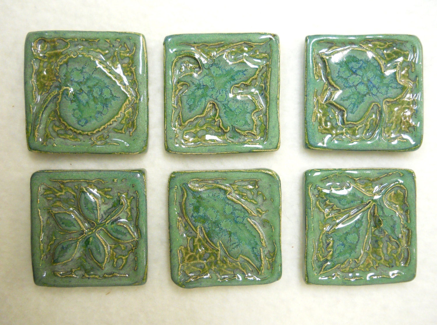 Handmade Decorative  Ceramic Tiles Leaf Patterns set of 6 Miint Green