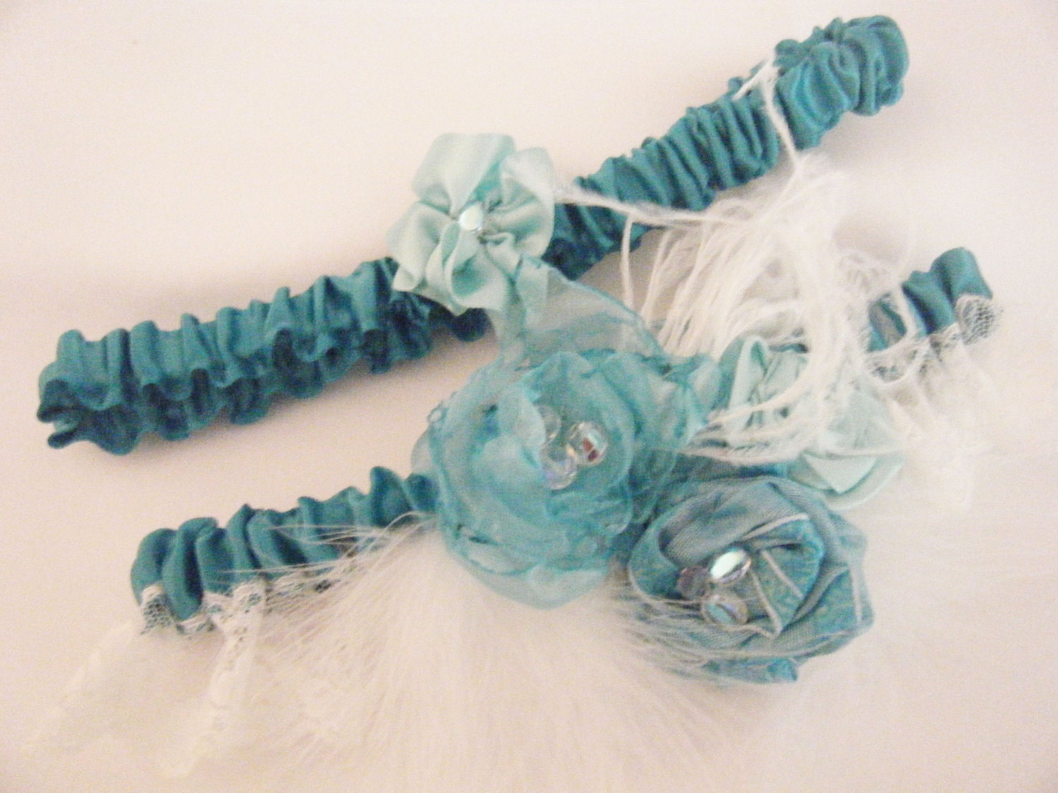 OOAK Tiffany Blue and White Ostrich and Maribou Wedding Garter Set