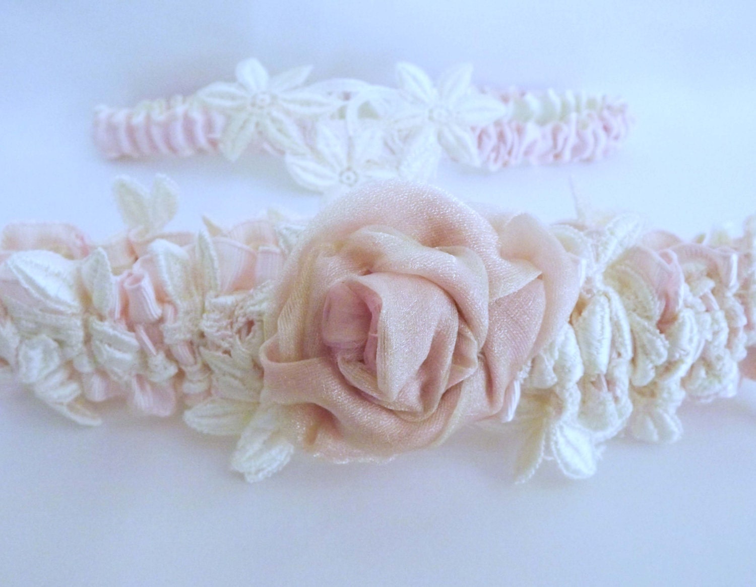 Ivory Silk  Lace and Dusty Pink Wedding Bridal  Garter Set