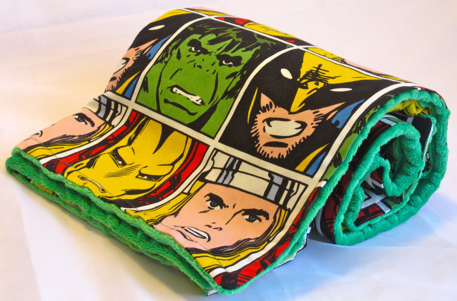 Marvel Retro Comics Superheroes Squares Green Dot Minky Stroller Blanket