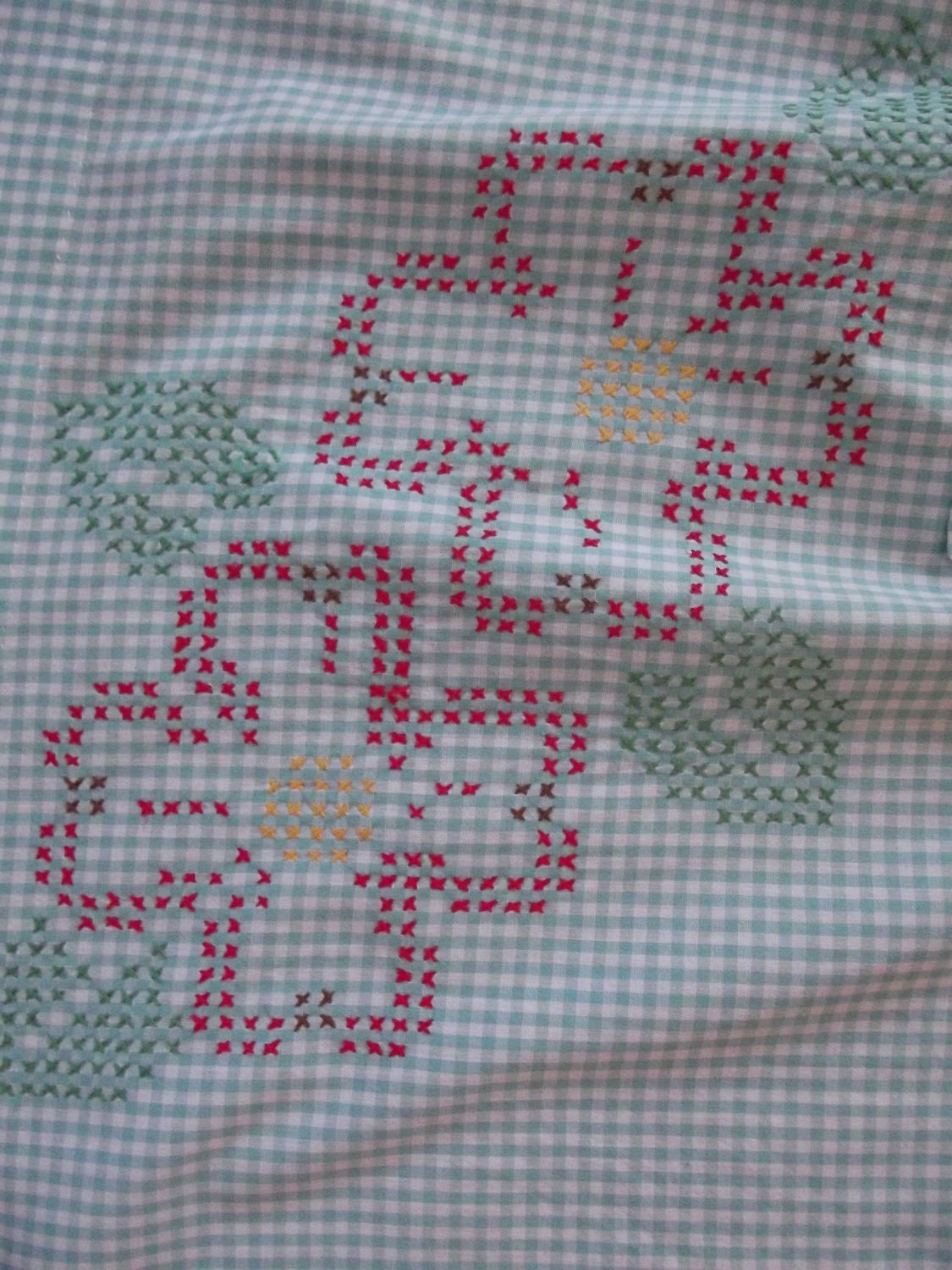 Vintage Apron Aqua Gingham Check with Cross Stitch Embroidered Flowers. Collectible Cotton Half Apron Mid Century Retro
