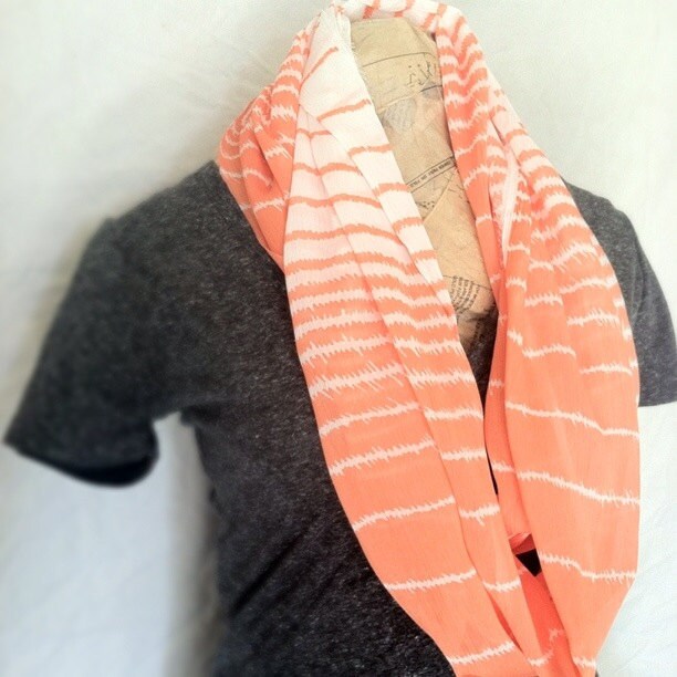 Coral, Salmon, Striped Infinity Circle Scarf (women, teen girl) FREE SHIPPING