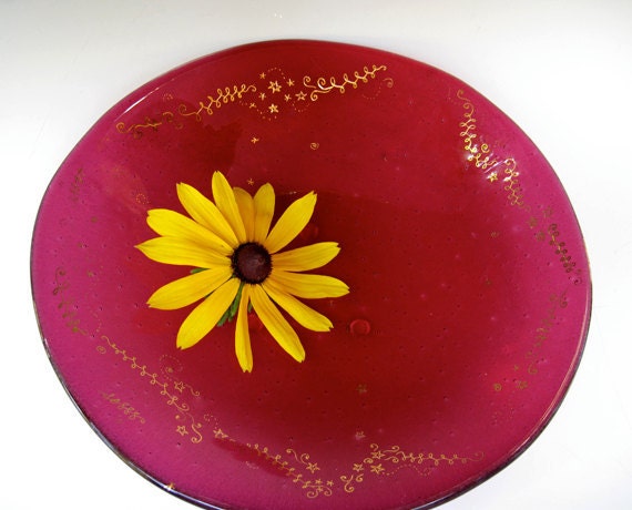 Fused glass bowl, magenta pink hand painted with gold swirls, fused glass art, FREE SHIPPING (U.S. only)