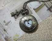 Antiqued Heart Pocket Watch Necklace with Windmill pendant