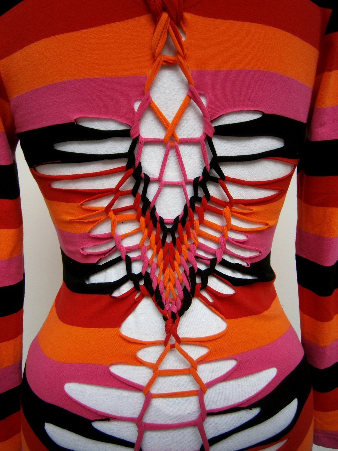 multicolor longsleeve shirt striped - eco OOAK top - woven open back - color block - Size M L - US 8/10/12- YudelevitzDesign