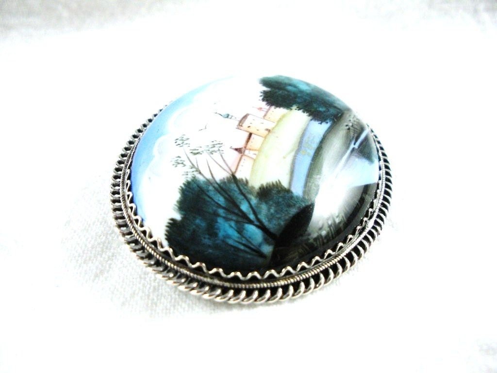 Russian Finift Brooch Vintage Painted Porcelain Landscape Pin
