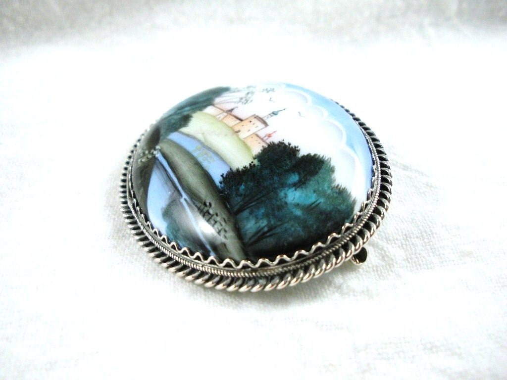 Russian Finift Brooch Vintage Painted Porcelain Landscape Pin