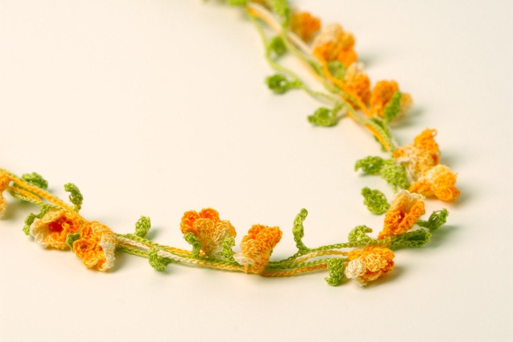 Crochet Pattern Green Leaves and Yellow Flowers Necklace PDF Instant Download