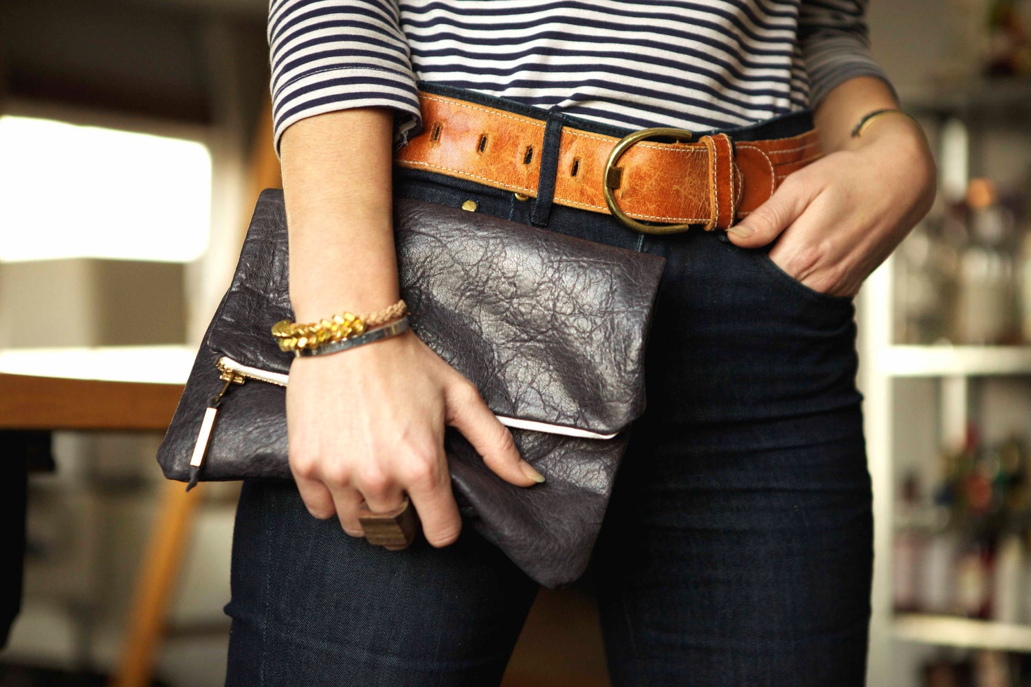 NEW Leather Foldover Clutch with Heavy Zipper Closure in Charcoal Grey