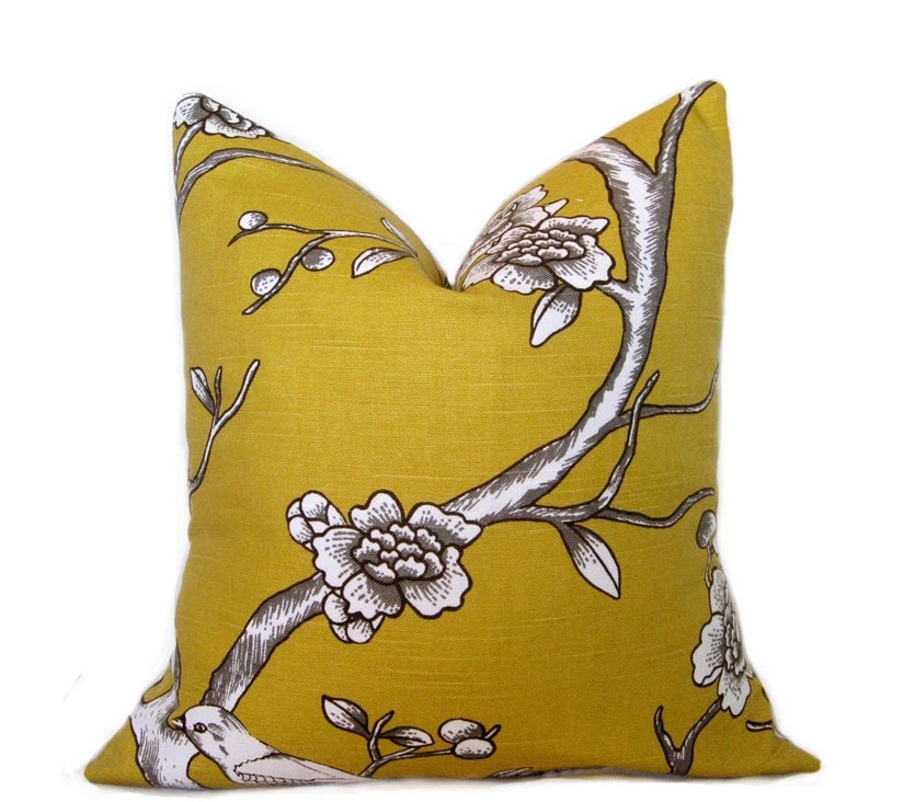 Pillow Cover. Throw Pillow. Accent Pillow. Dwell Studio Fabric Both sides. 16 x 16 Inch Mustard Yellow Bird and Blossom